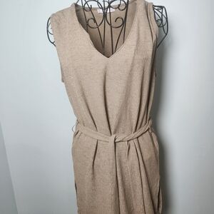 MNG Suit Tan Belted Tunic Top Minimalist Sleeveless V Neck Size M